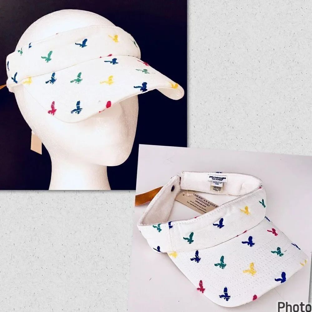 NWT American Eagle Vintage Y2K White Visor w/ Colorful embroidered Eagles